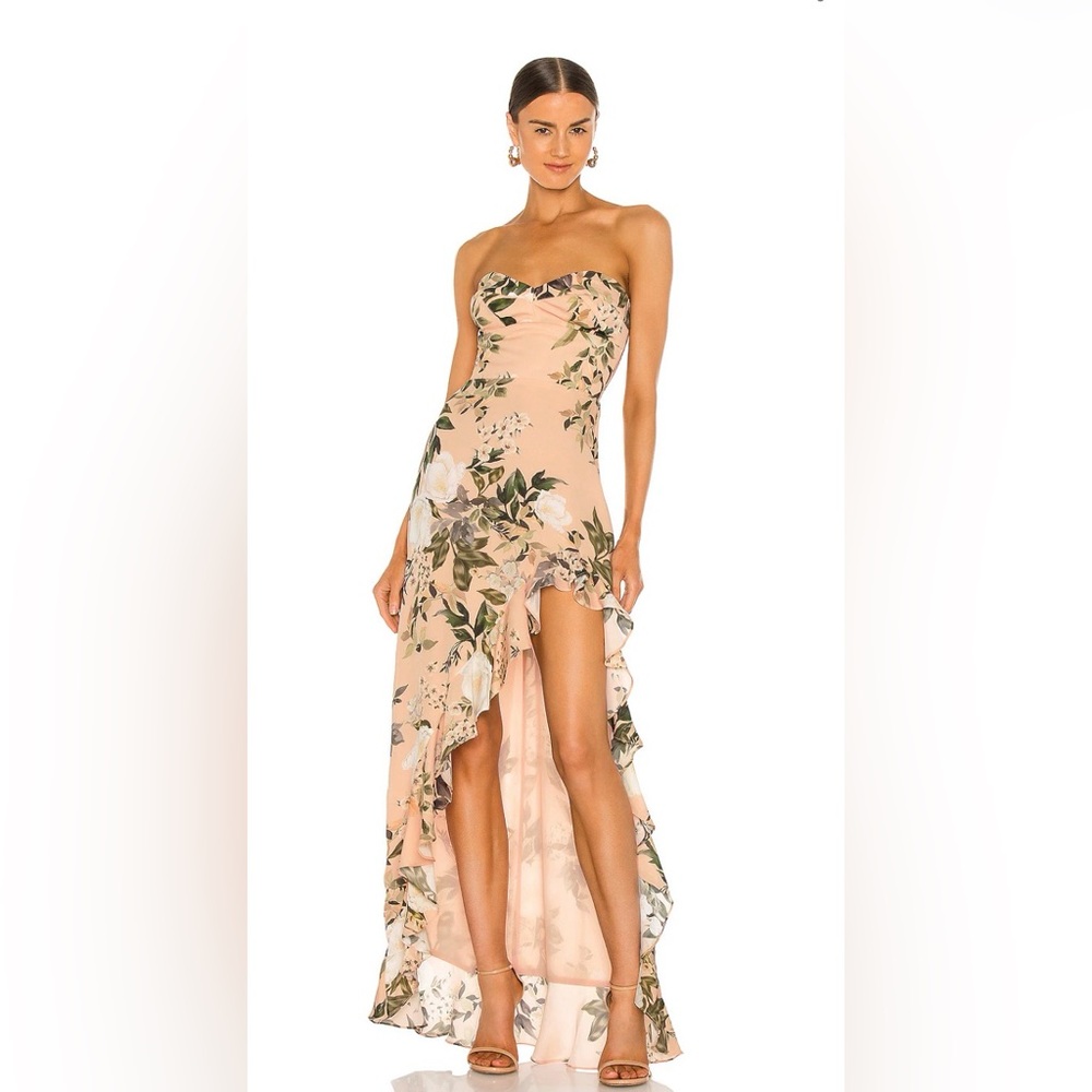 Amanda Uprichard  Dress in Pink and Green Floral with a ruffle slit